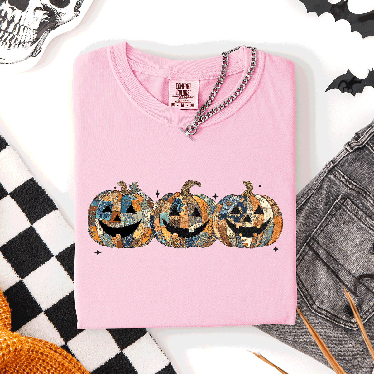 Jack O Lanterns Faux Quilt Classic Halloween Fall Autumn Trad Comfort Colors Tee