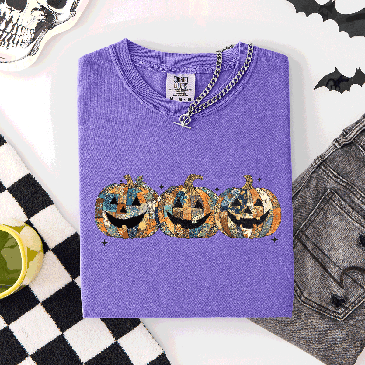 Jack O Lanterns Faux Quilt Classic Halloween Fall Autumn Trad Comfort Colors Tee