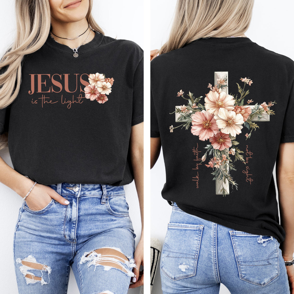 Jesus Is The Light Floral Cross Gospel Faith Saved Christian Inspirational Cross Comfort Colors Tee