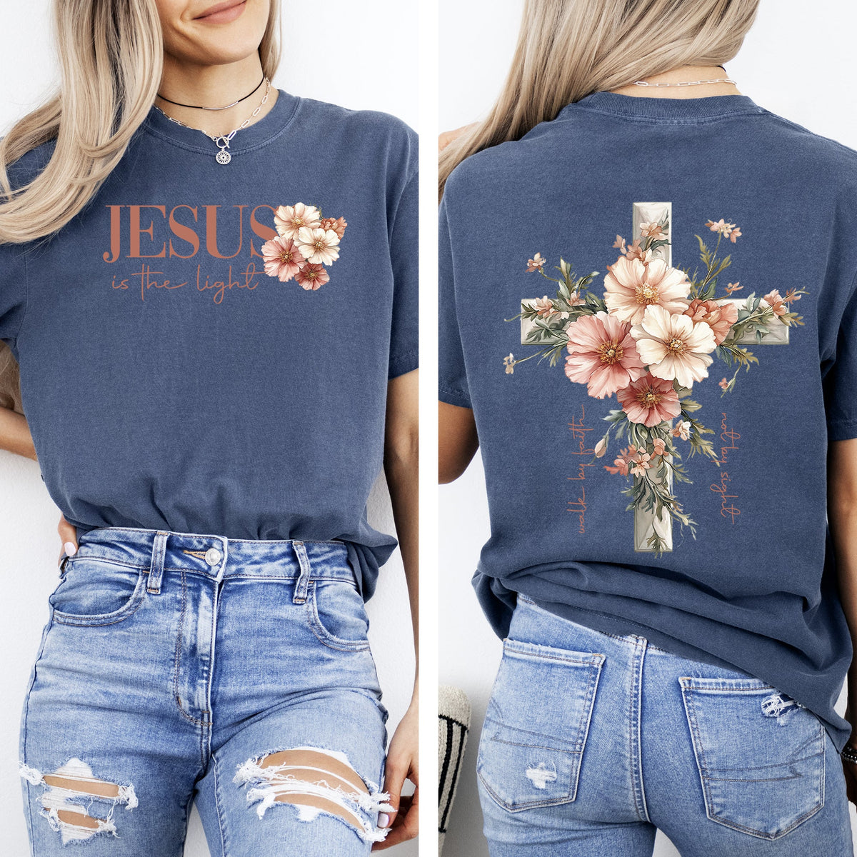 Jesus Is The Light Floral Cross Gospel Faith Saved Christian Inspirational Cross Comfort Colors Tee