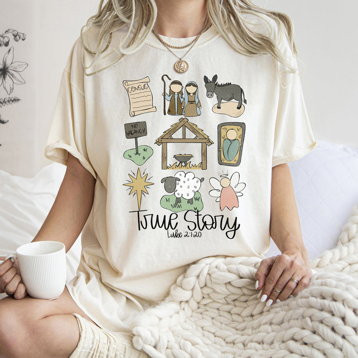 Jesus True Story Luke 2-120 Manger Nativity Christmas Scripture Comfort Colors Tee
