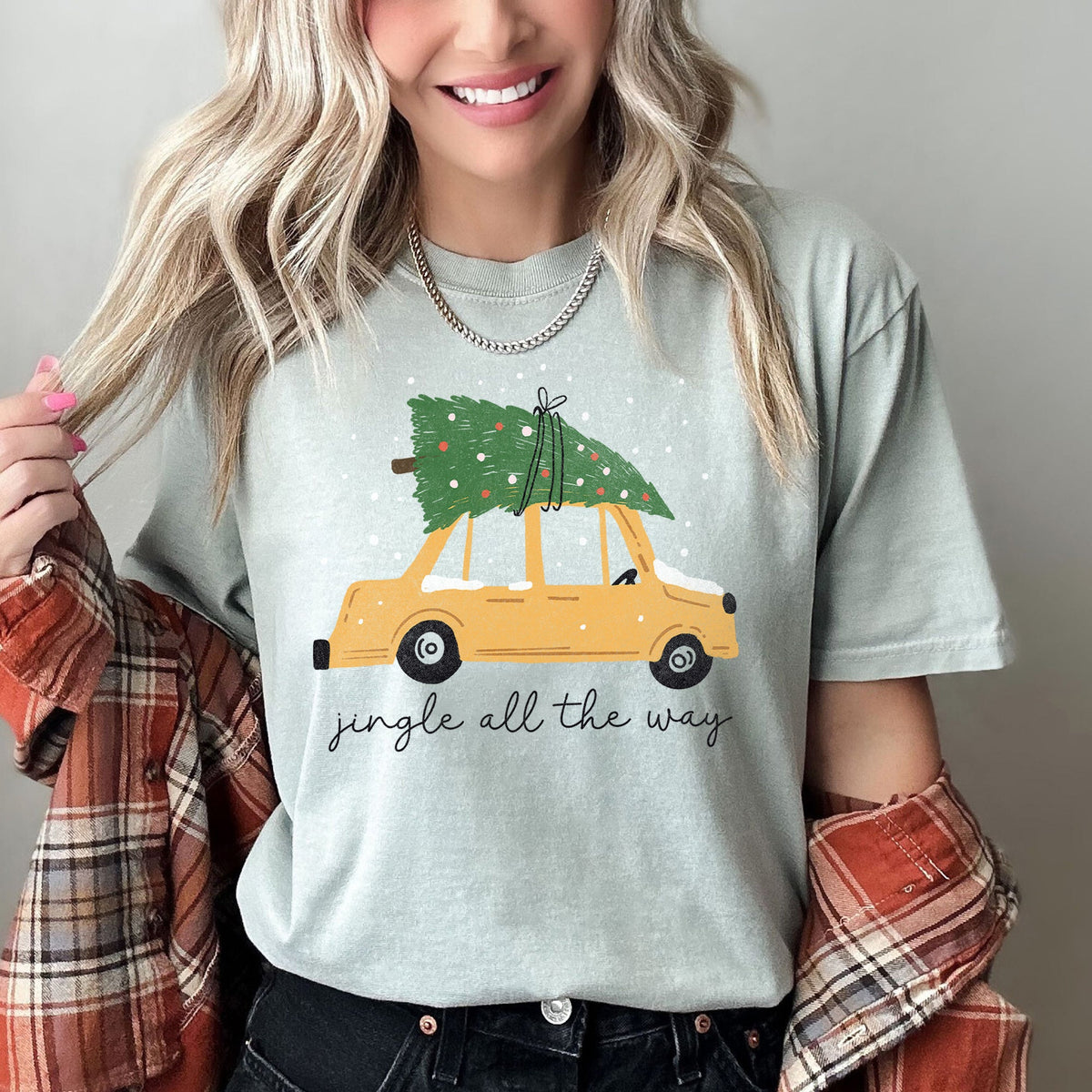 Jingle All The Way Retro Car Christmas Tree Snow Holiday Scene Comfort Colors Tee