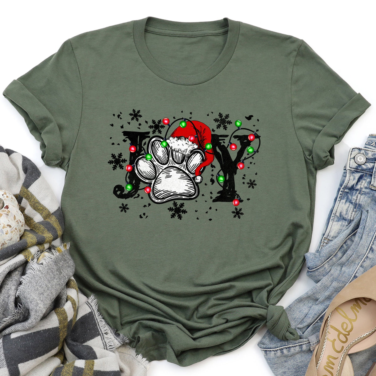 Joy Christmas Paw Print Festive Holiday Season Cheer Ultra Cozy Warmth Graphic Tee
