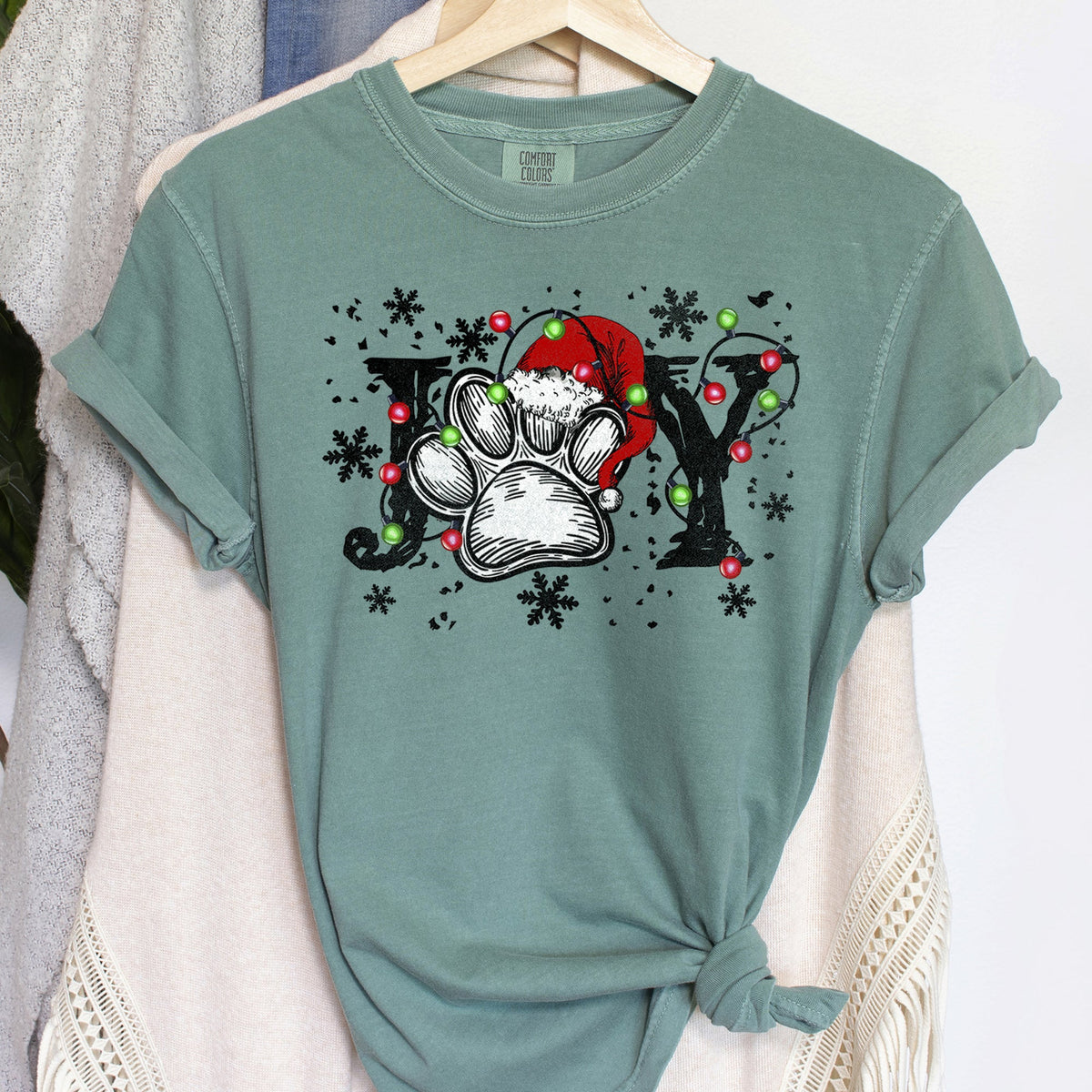 Joyful Christmas Dog Paw Print Design For Seasonal Joy And Cozy Family Moments Comfort Colors Tee