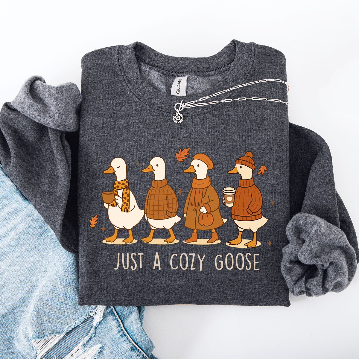 Just A Cozy Goose Autumn Floral Sunflower Pumpkin Spice Cozy Fleece Seasonal Sweatshirt