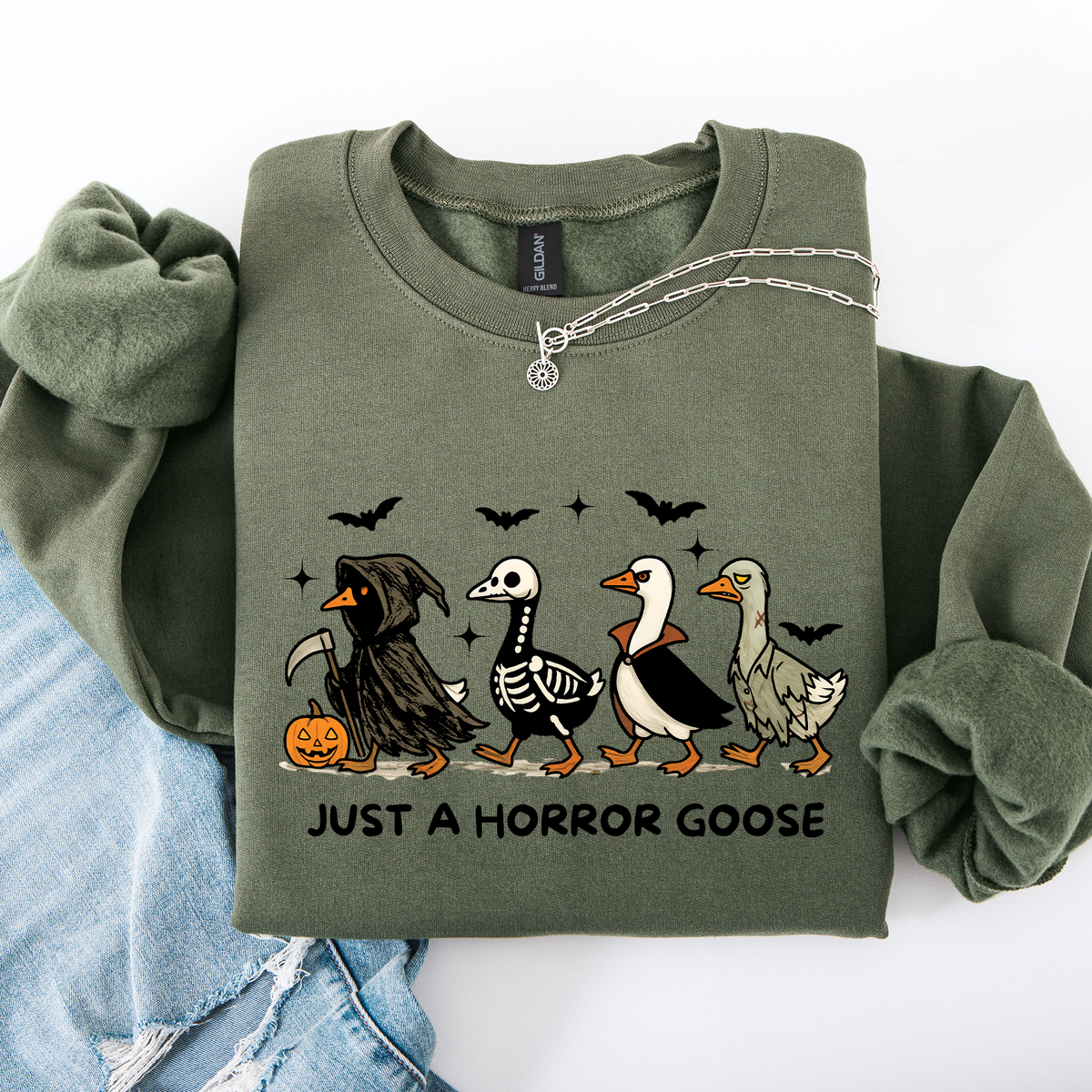Just A Horror Goose Halloween Spooky Goose Graphic Print Cozy Seasonal Sweatshirt