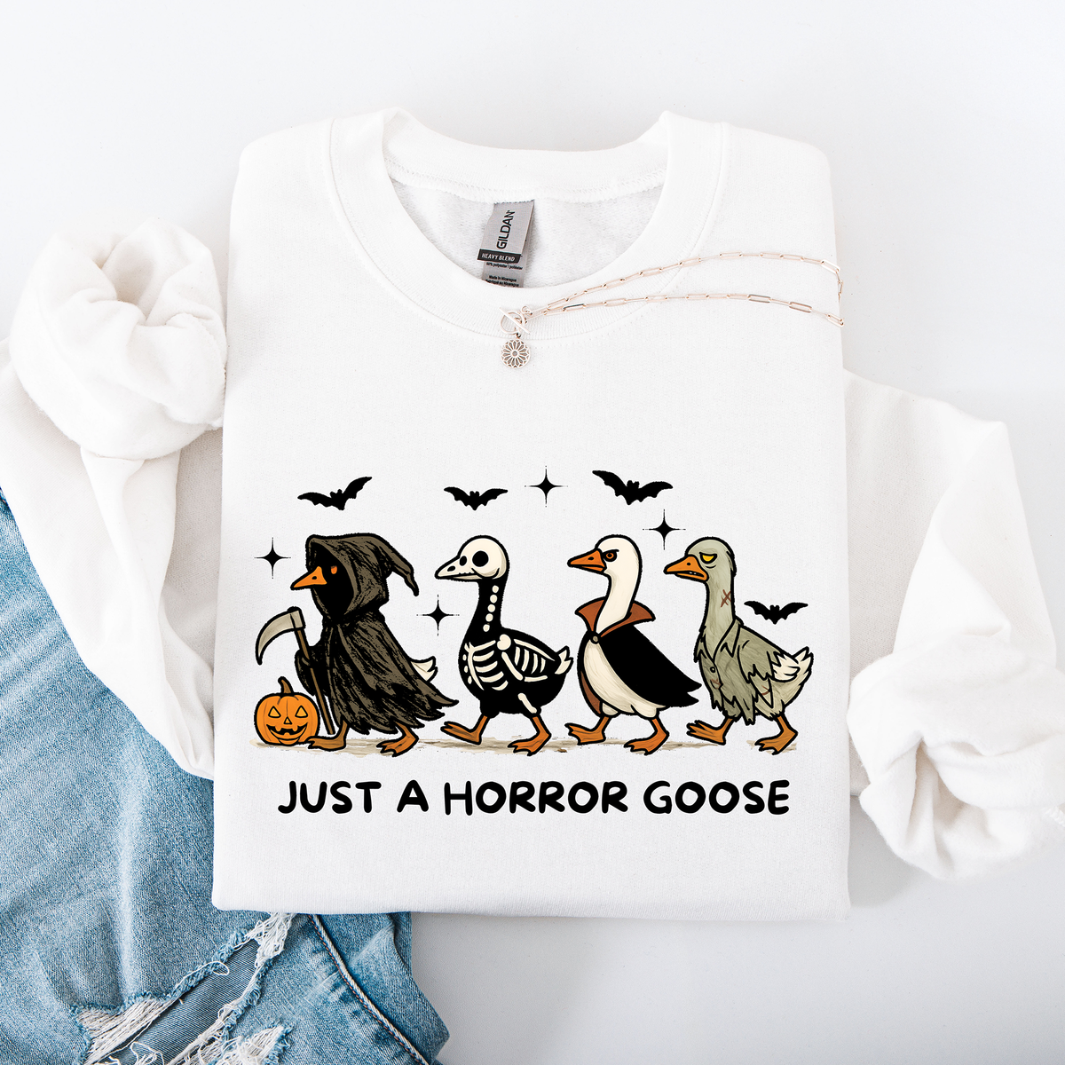 Just A Horror Goose Halloween Spooky Goose Graphic Print Cozy Seasonal Sweatshirt