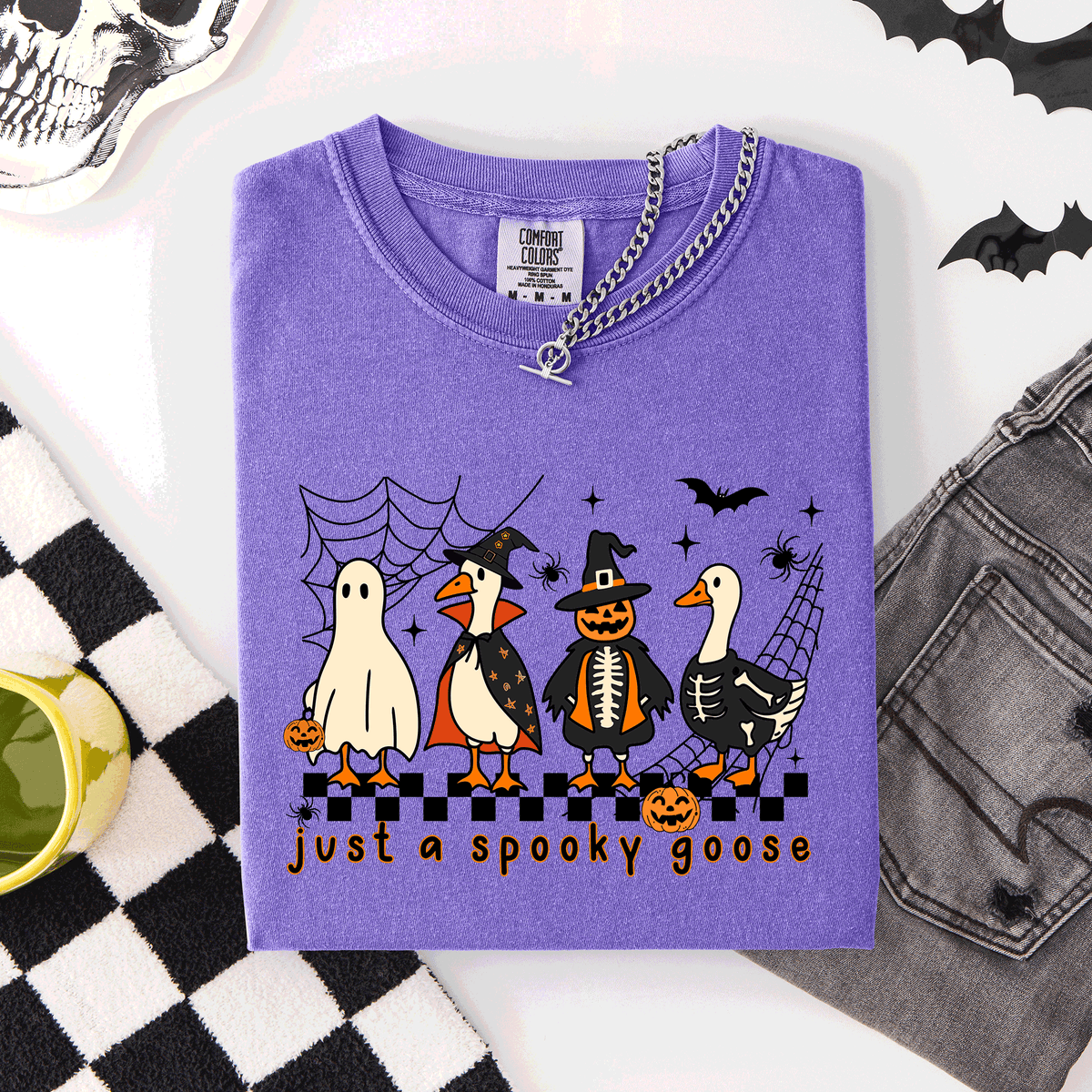 Just A Spooky Goose, Checkered, Halloween Comfort Colors Tee