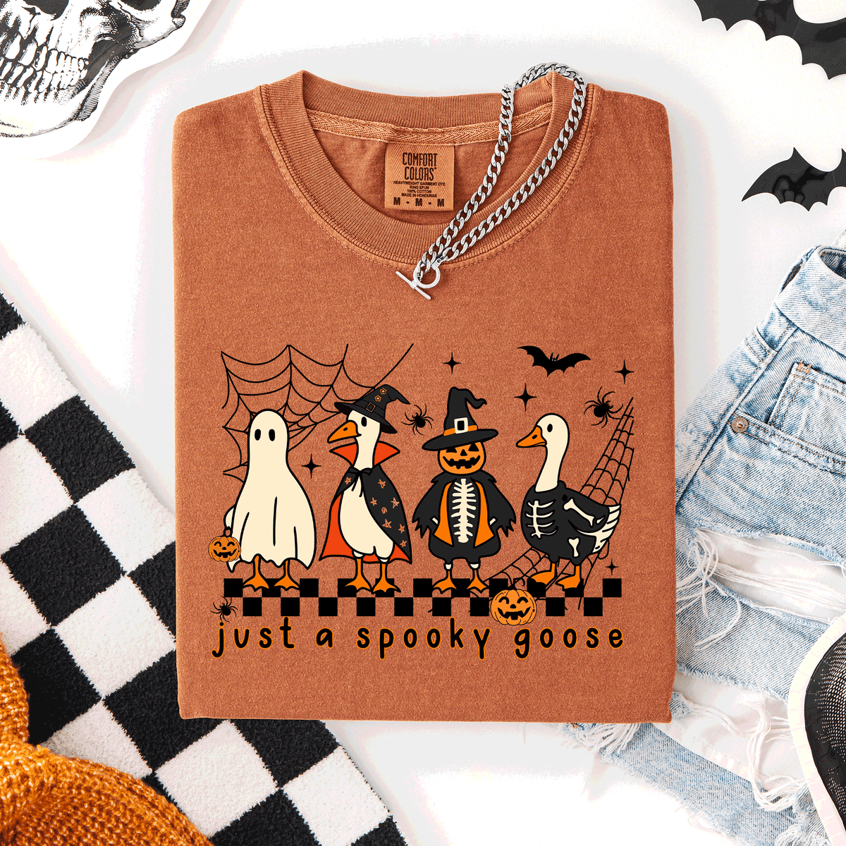 Just A Spooky Goose, Checkered, Halloween Comfort Colors Tee