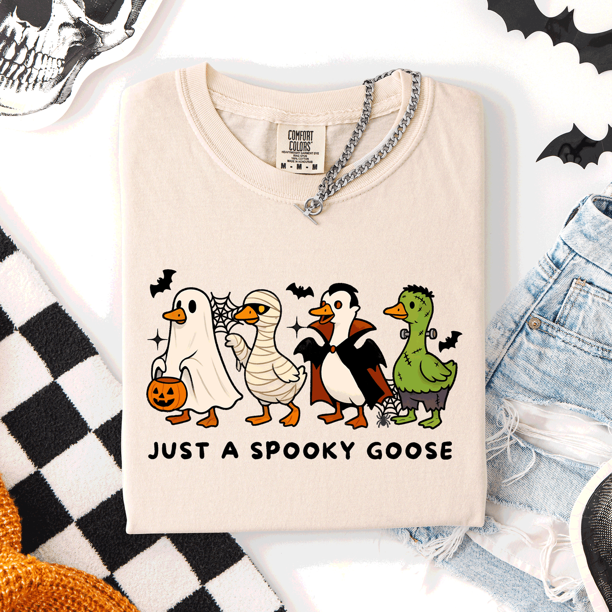 Just A Spooky Goose Comfort Colors Tee Featuring Dracula Vampire Ghost And Mummy Halloween Design