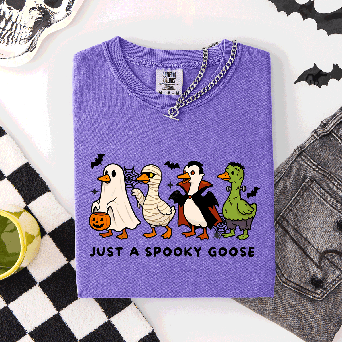 Just A Spooky Goose Comfort Colors Tee Featuring Dracula Vampire Ghost And Mummy Halloween Design