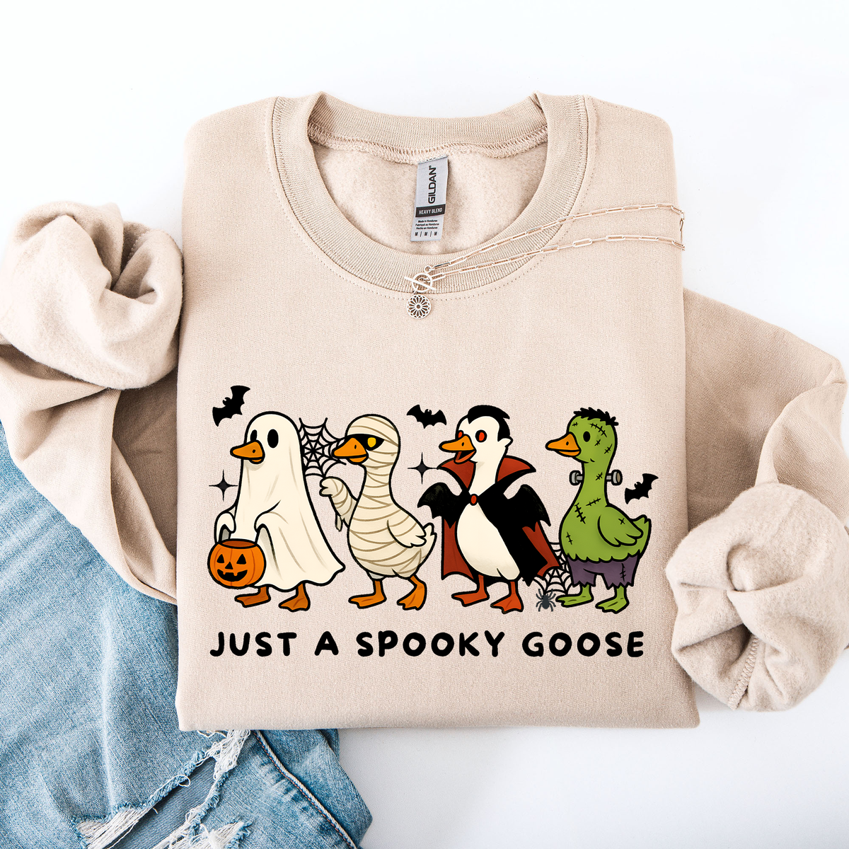 Just A Spooky Goose Dracula Vampire Ghost Mummy Halloween Themed Graphic Sweatshirt