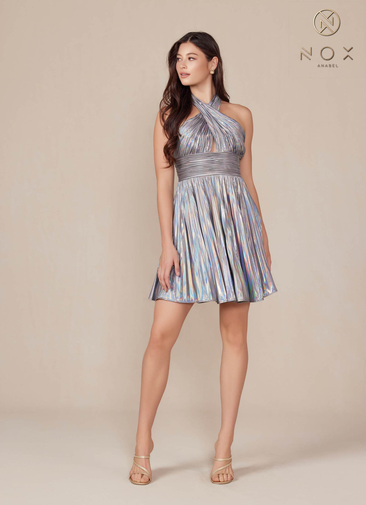 Nox Anabel K822 Short Halter Top Pleated Homecoming Dress