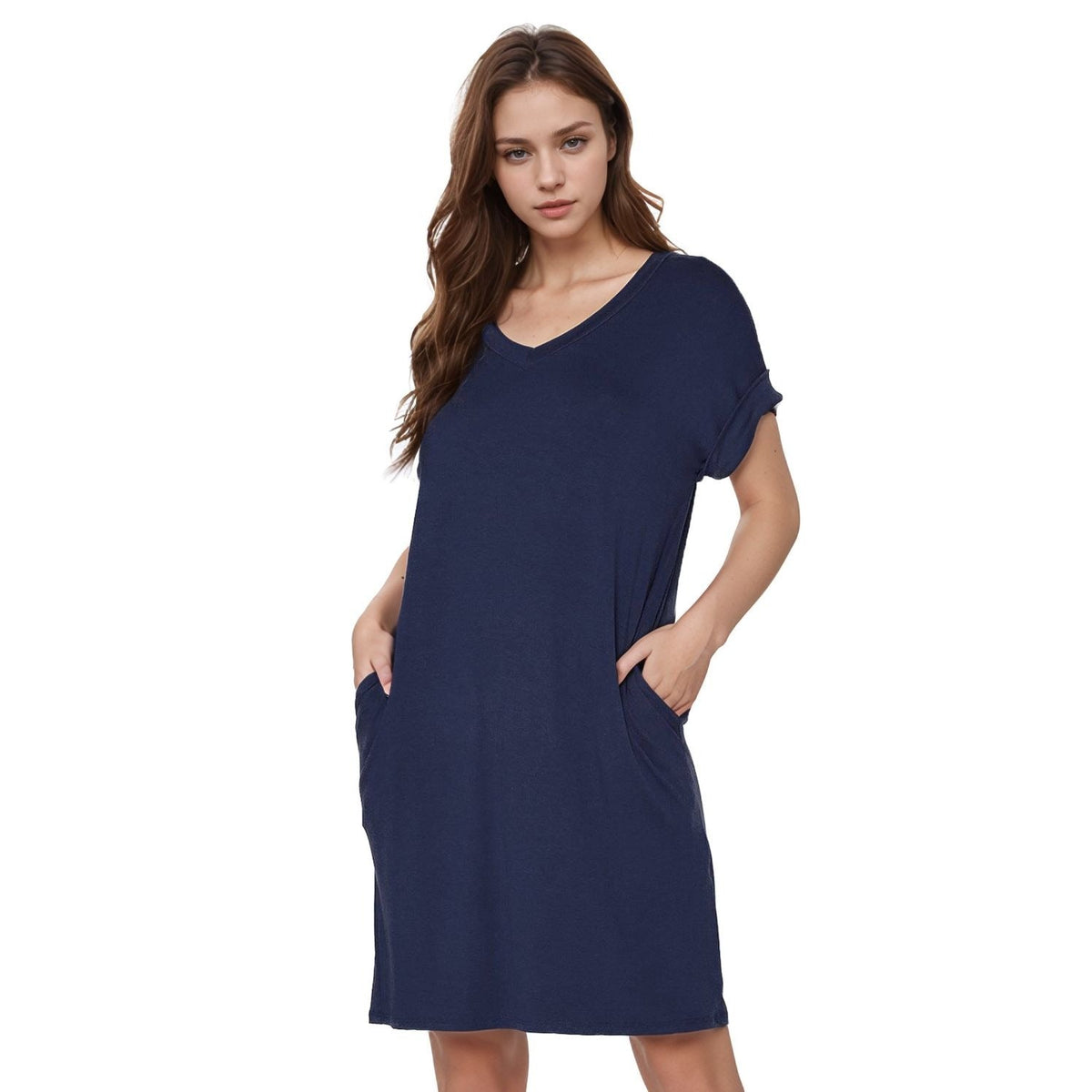 Women's V-Neck T-shirt Dress With Pocket