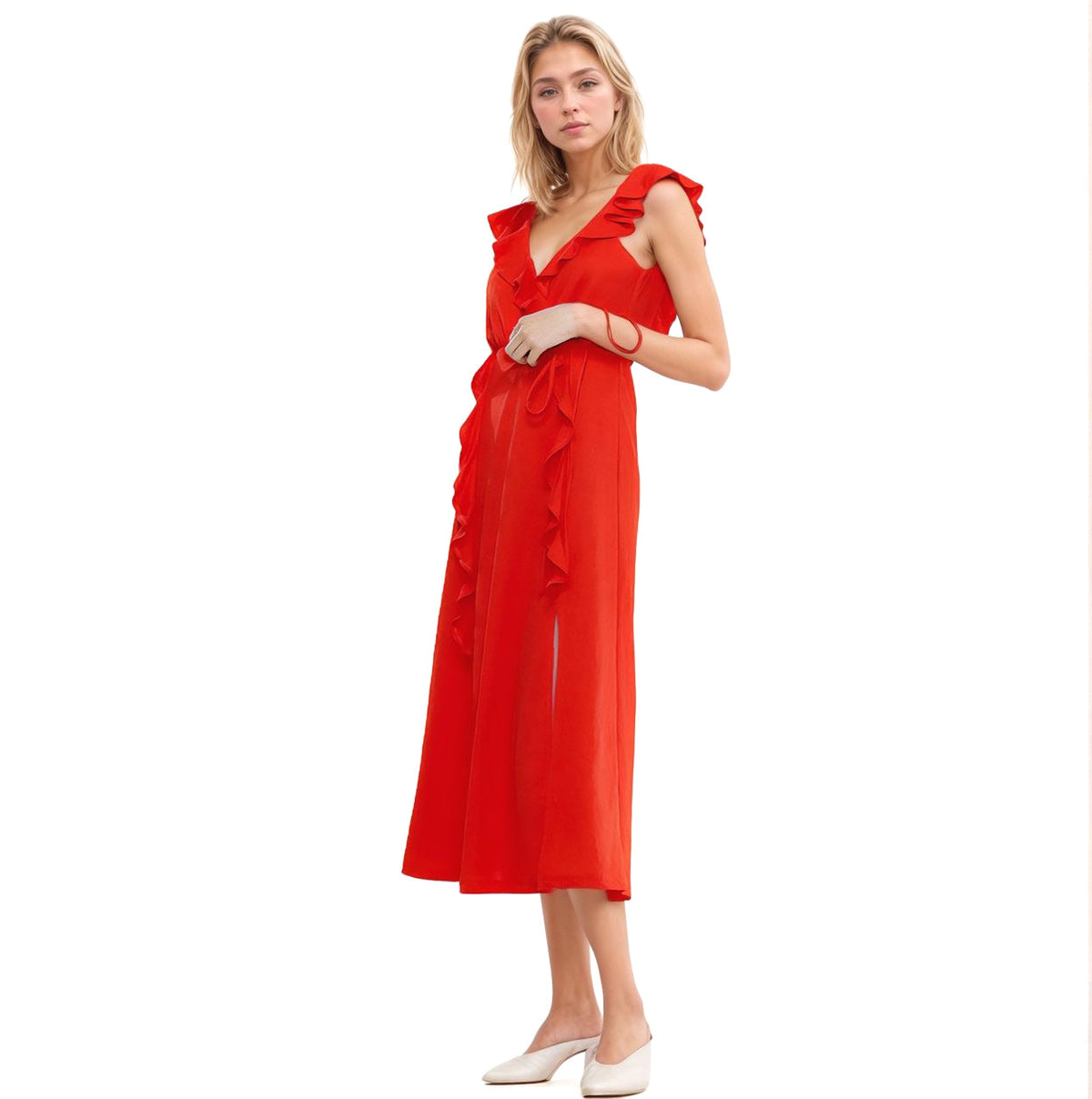 Women's Ruffle Trim Wrapped Maxi Dress in Red