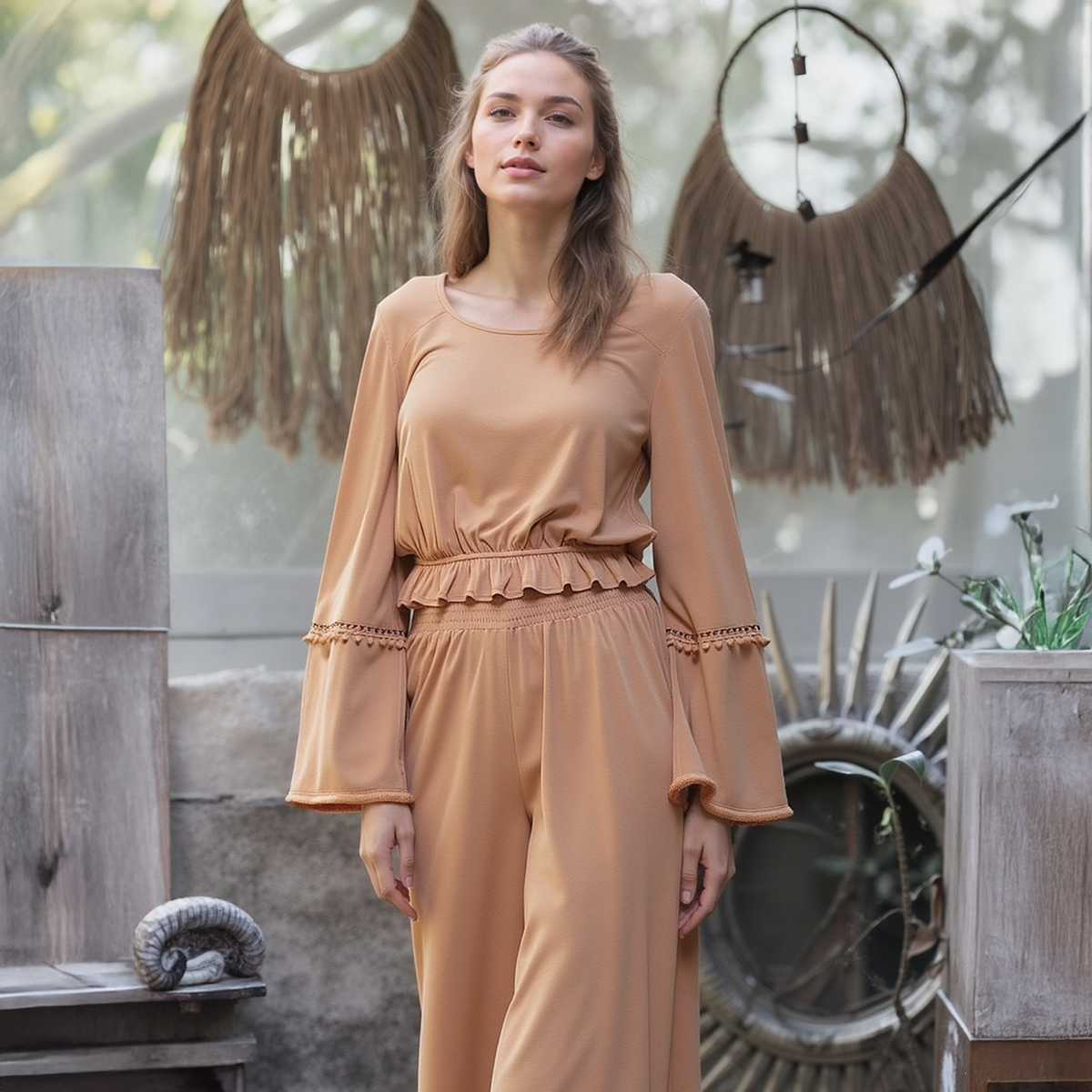 Women's Fringe Cuff Bell Sleeve Top in Apricot