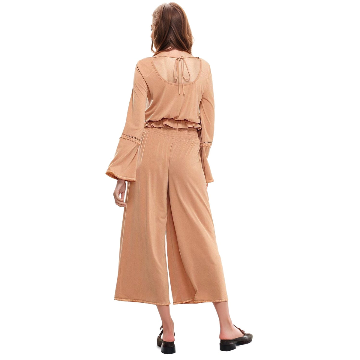 Women's Smocked Waist Wide Leg Palazzo Pants in Apricot