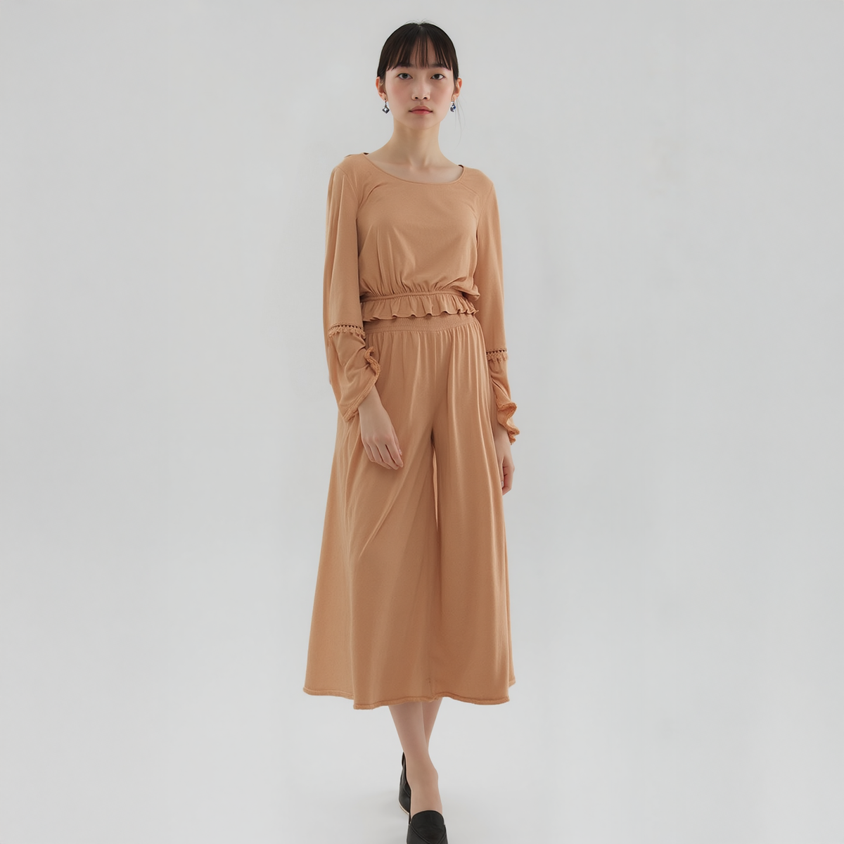 Women's Smocked Waist Wide Leg Palazzo Pants in Apricot