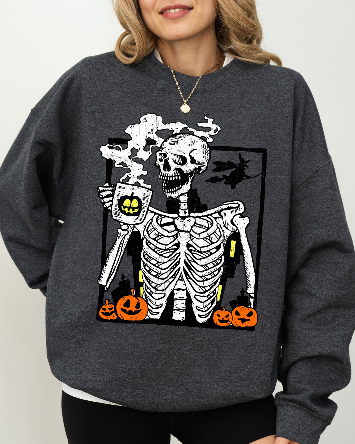 Coffee Lover Skeleton Witch Aesthetic Meme Halloween Spooky Costume Deluxe Sweatshirt
