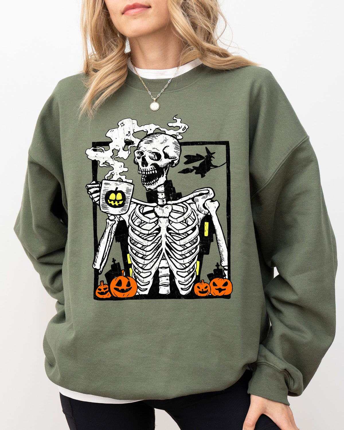 Coffee Lover Skeleton Witch Aesthetic Meme Halloween Spooky Costume Deluxe Sweatshirt