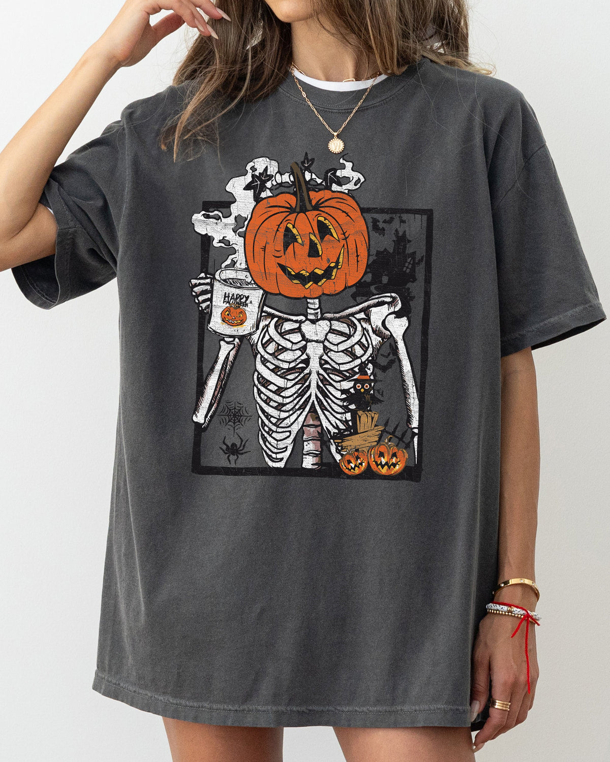 Pumpkin Head Skeleton Coffee Witch Aesthetic Meme Halloween Spooky Comfort Colors Tee