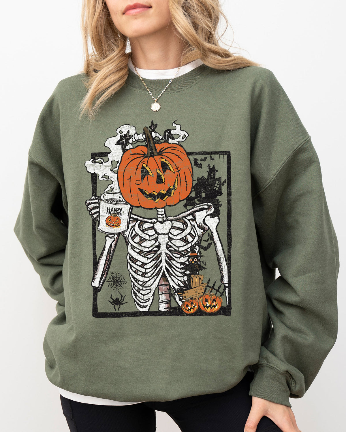 Pumpkin Head Skeleton Coffee Witch Aesthetic Meme Halloween Spooky Costume Sweatshirt