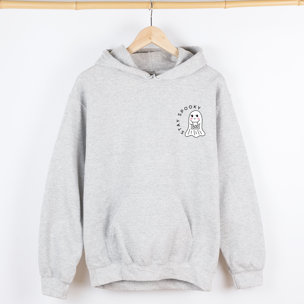 Stay Spooky Ghost Halloween Pocket Checkered Cozy Autumn Vibe Nightlife Graphic Hoodie