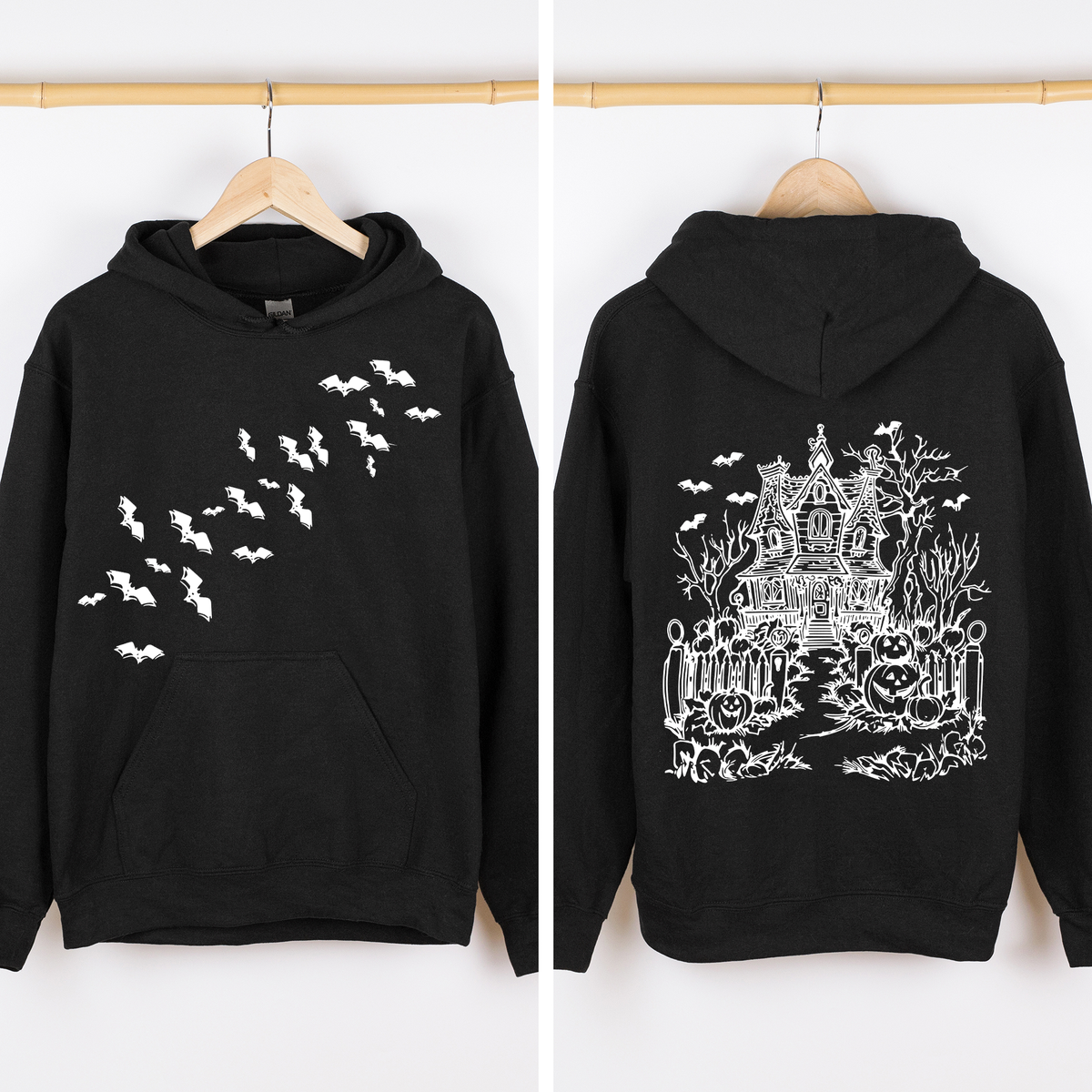 Haunted House Front And Back Halloween Retro Bats Witches Skeleton Jack O Lanterns Graphic Hoodie