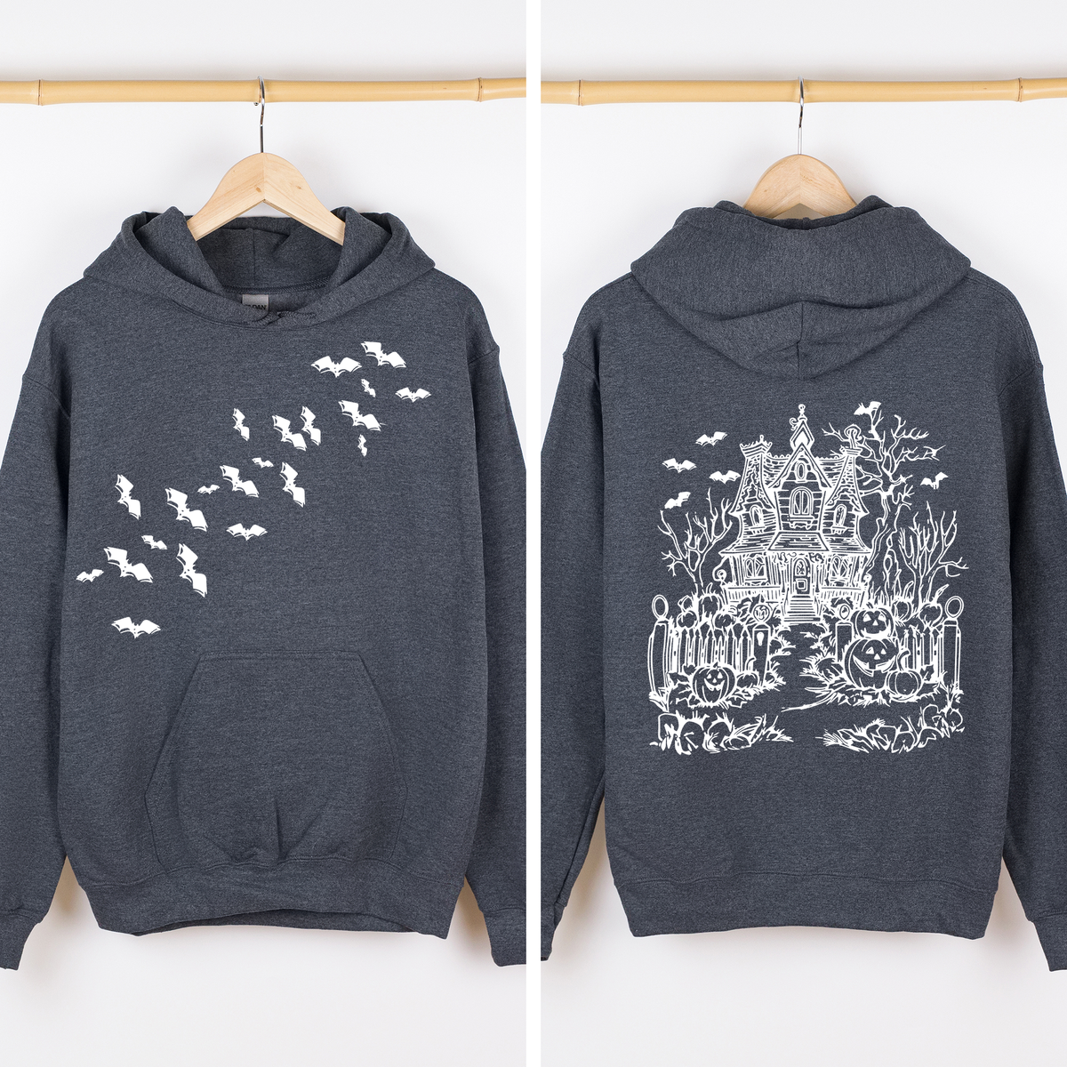 Haunted House Front And Back Halloween Retro Bats Witches Skeleton Jack O Lanterns Graphic Hoodie