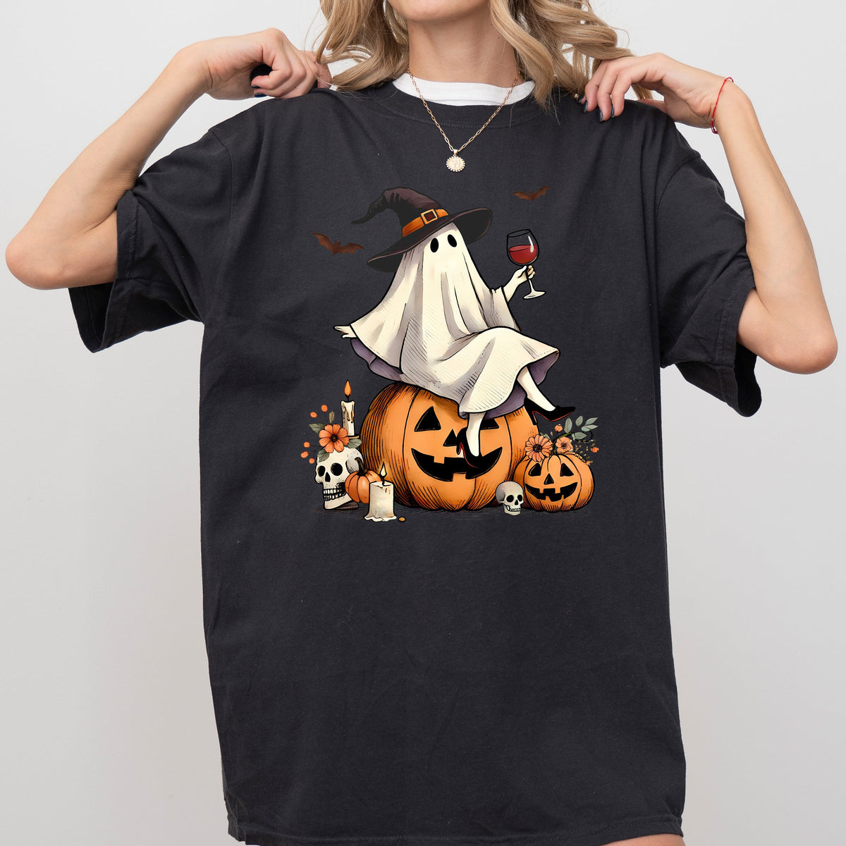 Ghost On Pumpkin Wine Western Witch Meme Halloween Costume Graphic Comfort Colors Tee