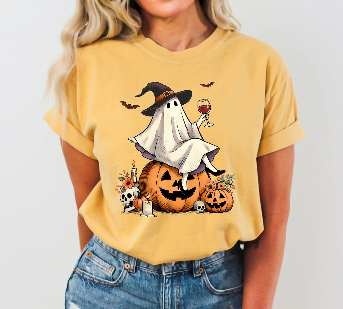 Ghost On Pumpkin Wine Western Witch Meme Halloween Costume Graphic Comfort Colors Tee