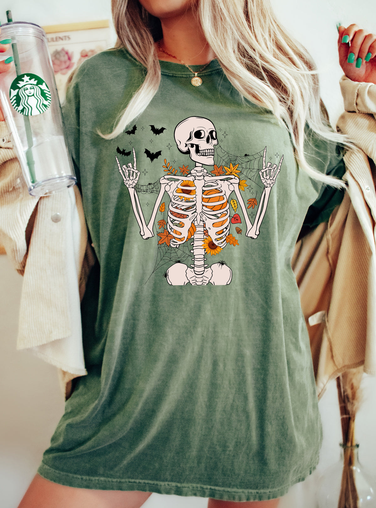 Funny Skeleton Flowers Rock Western Witch Halloween Meme Graphic Comfort Colors Tee