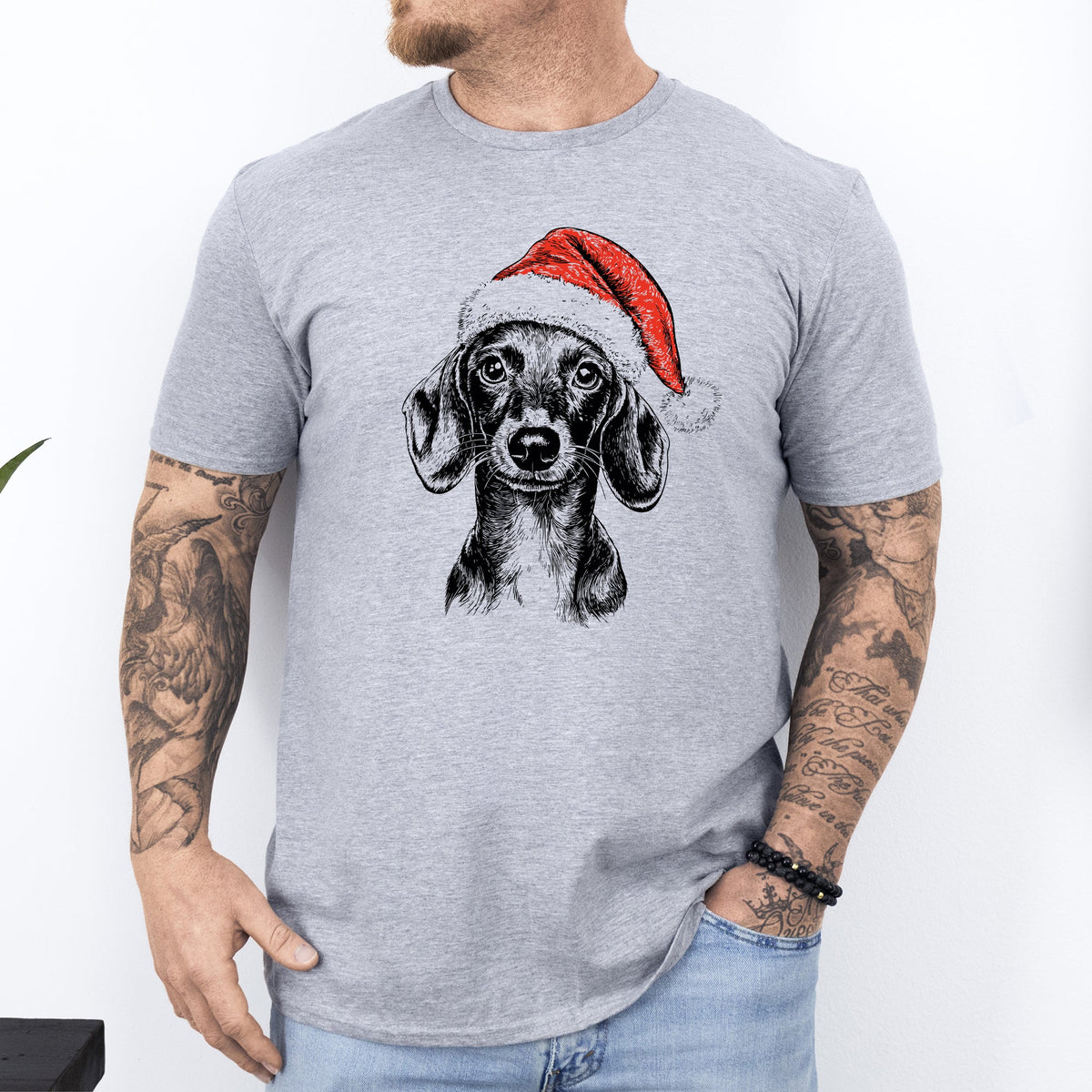 Dachshund Santa Christmas Dog Lover Holiday Ornament Portrait Art Comfort Colors Tee