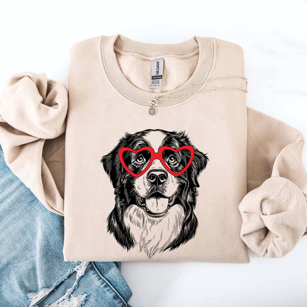 Bernese Mountain Dog Portrait With Heartbeat Line Valentine Edition For Dog Lovers Sweatshirt