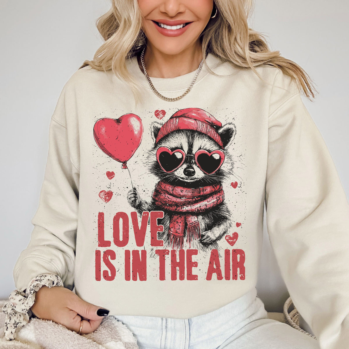 Love Is In The Air Raccoon Lover Valentine's Day Cozy Ultra Soft Warm Graphic Sweatshirt