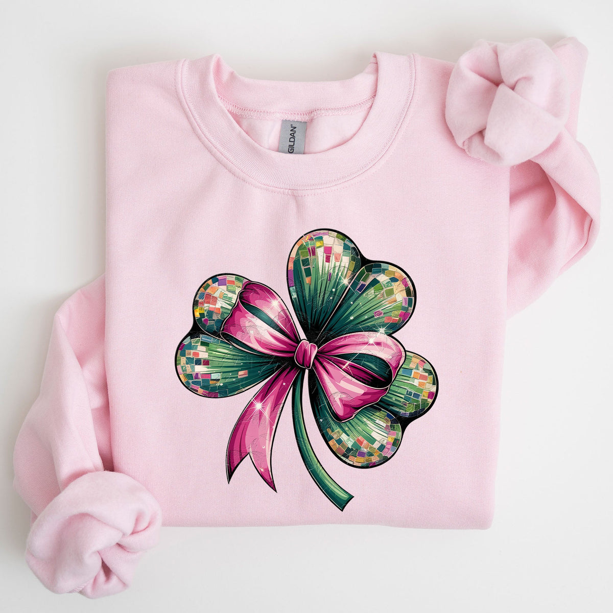 Coquette Disco Ball Bow Shamrock Clover Irish Lucky Lucky Charm St Patrick's Day Sweatshirt