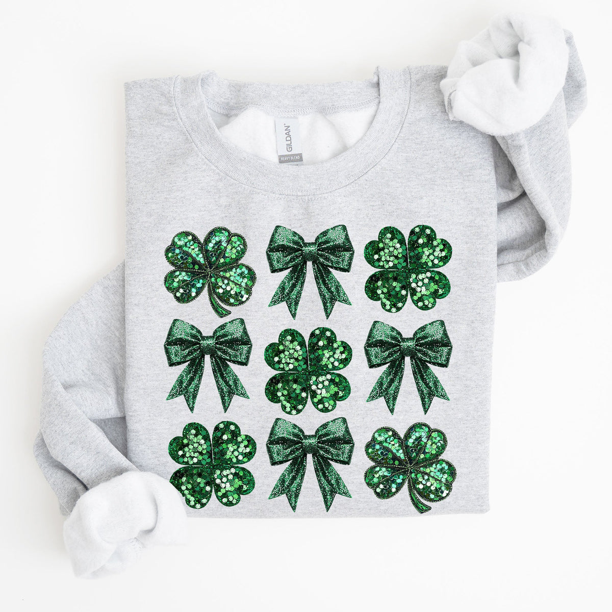 Sparkly Clover Shamrock Faux Sequins Bow Coquette Lucky Irish St Patrick's Day Sweatshirt