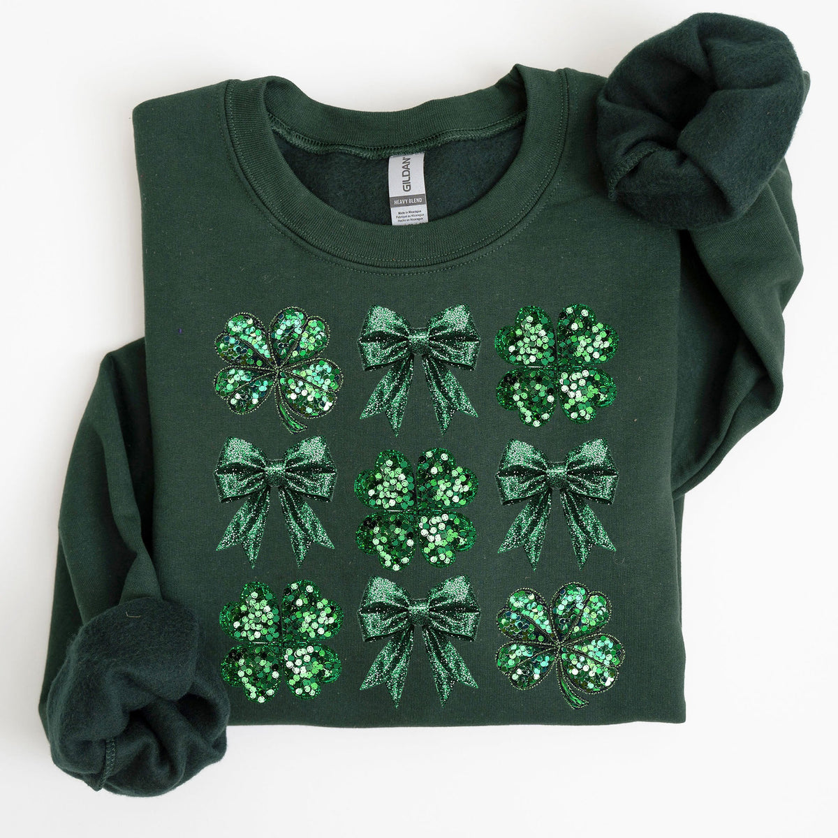 Sparkly Clover Shamrock Faux Sequins Bow Coquette Lucky Irish St Patrick's Day Sweatshirt