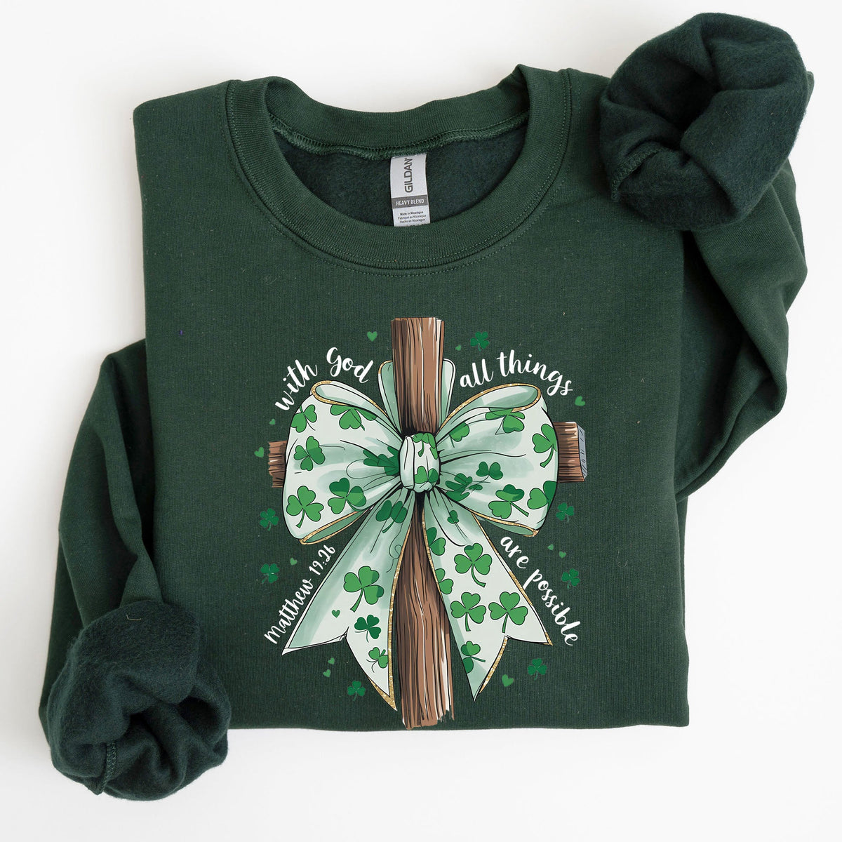 All Things Are Possible Matthew 19:26 Christian Coquette Bow Shamrock Lucky Irish Retro St Patrick's Day Sweatshirt