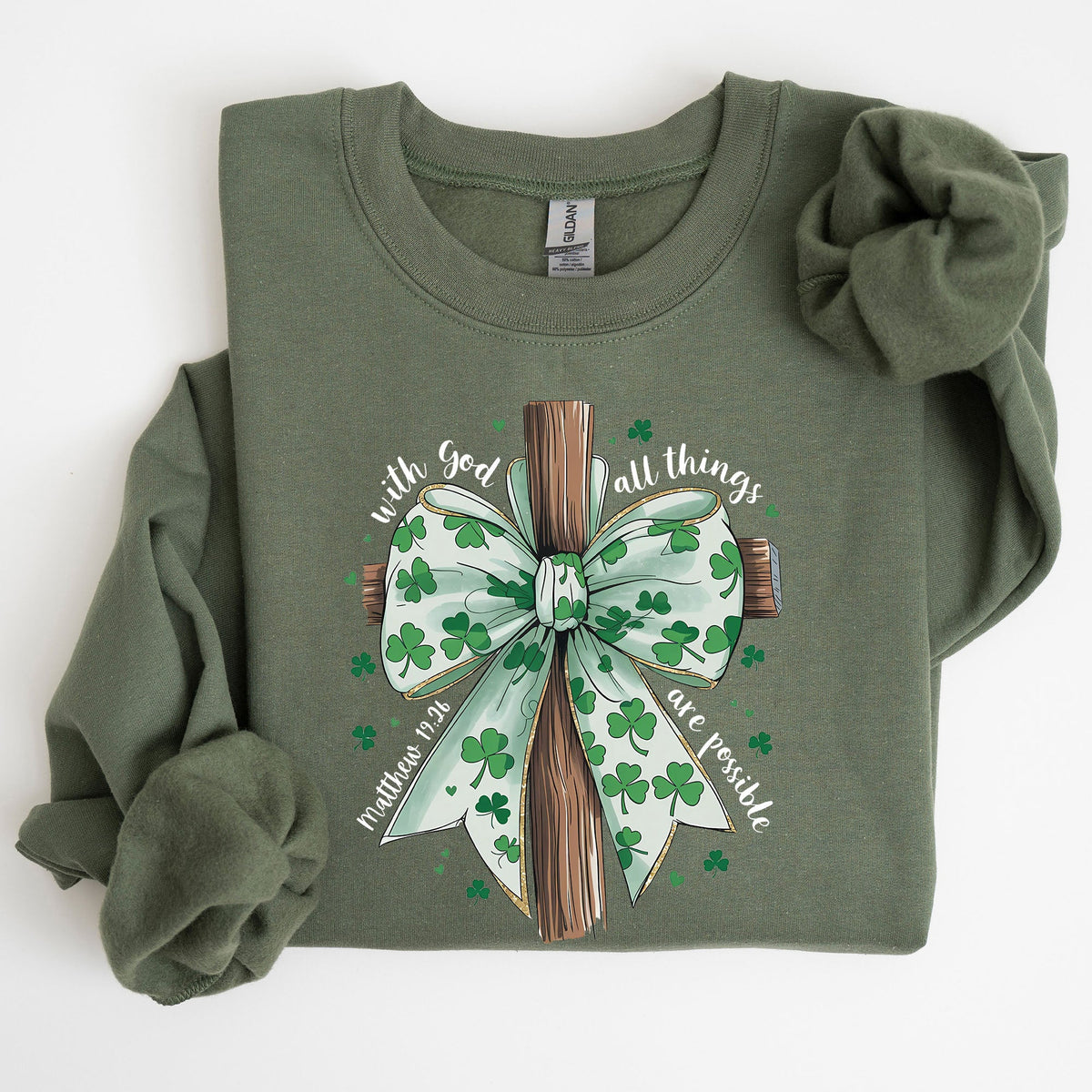 All Things Are Possible Matthew 19:26 Christian Coquette Bow Shamrock Lucky Irish Retro St Patrick's Day Sweatshirt