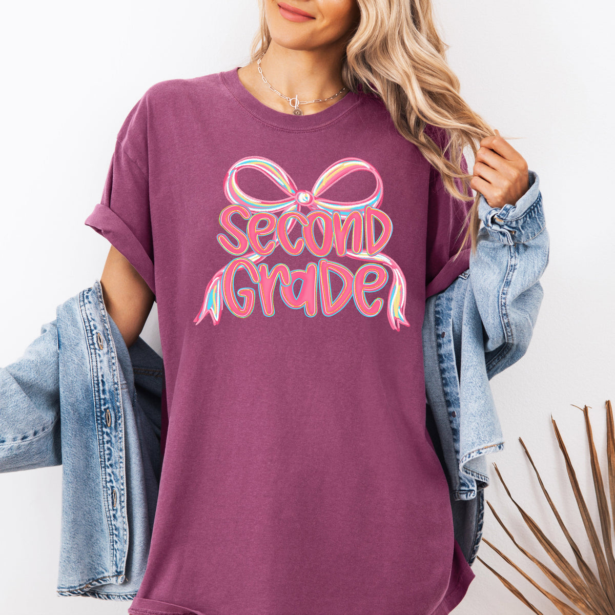 Second Grade Neon Pink Teacher Bow First Day Of School Back To School Coquette Comfort Colors Tee