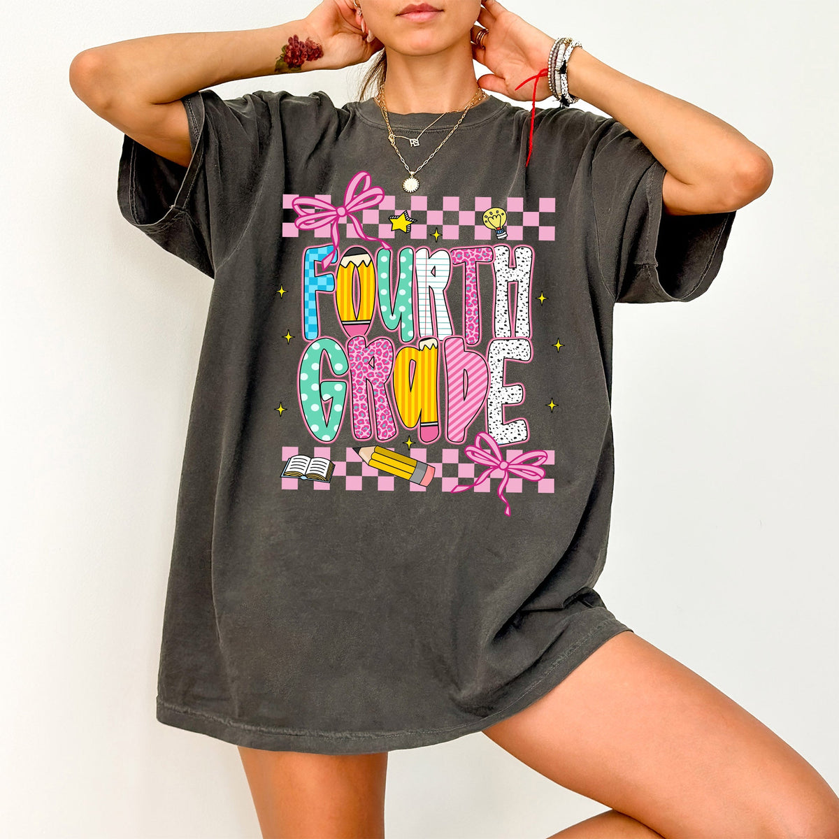 Fourth Grade Teacher First Day Back To School Checkered Bow Coquette Comfort Colors Tee