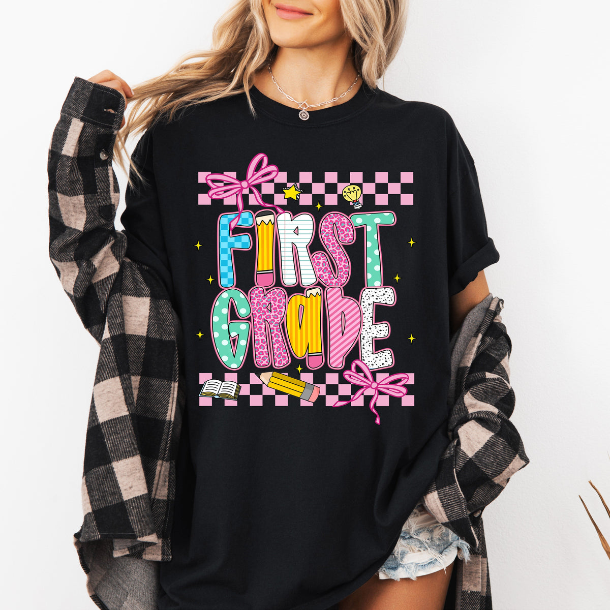 First Grade Teacher Bow Checkered Back To School Cute Coquette Comfort Colors Tee