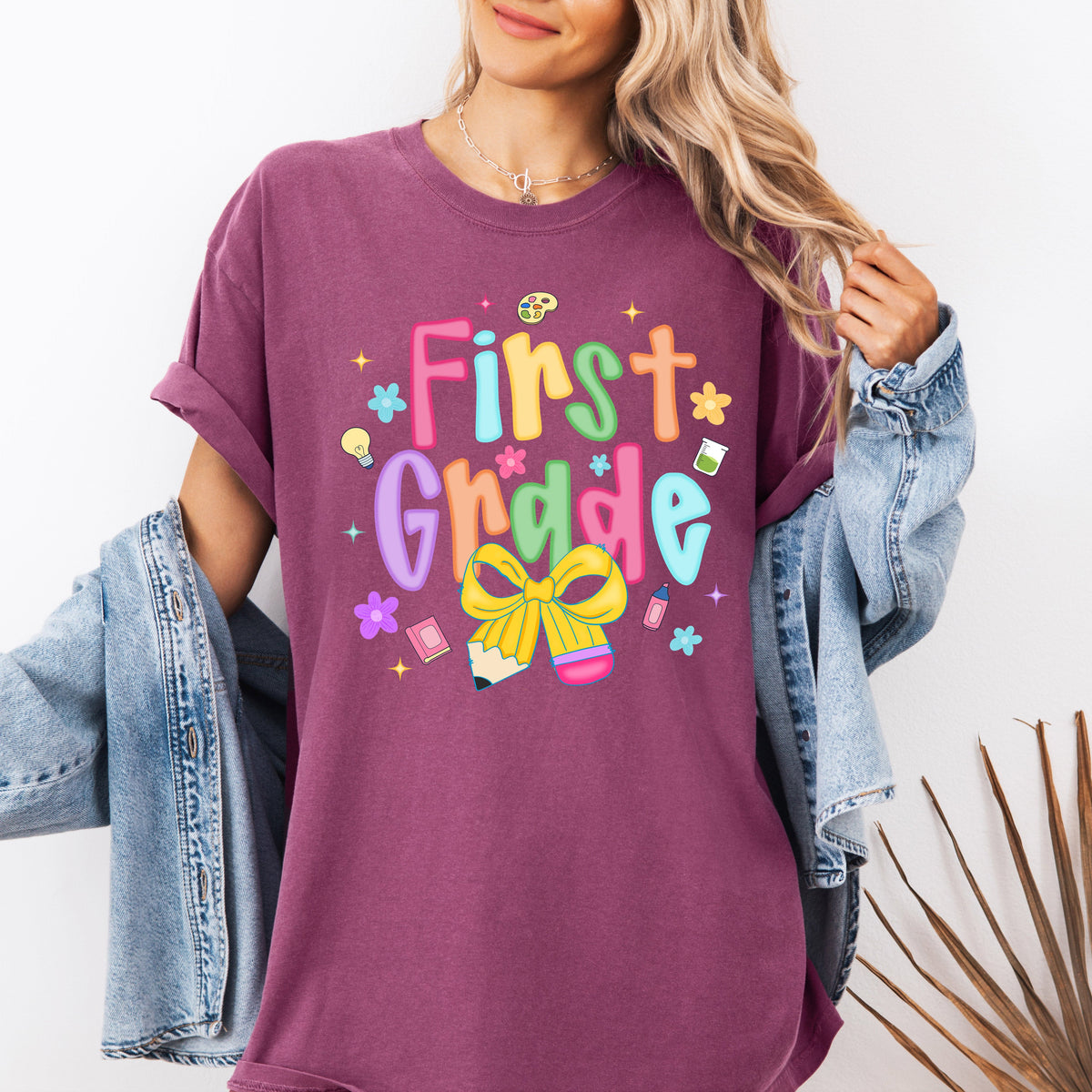 First Grade Teacher Neon Bow Graphic Back To School First Day Of School Celebration For Educators Comfort Colors Tee