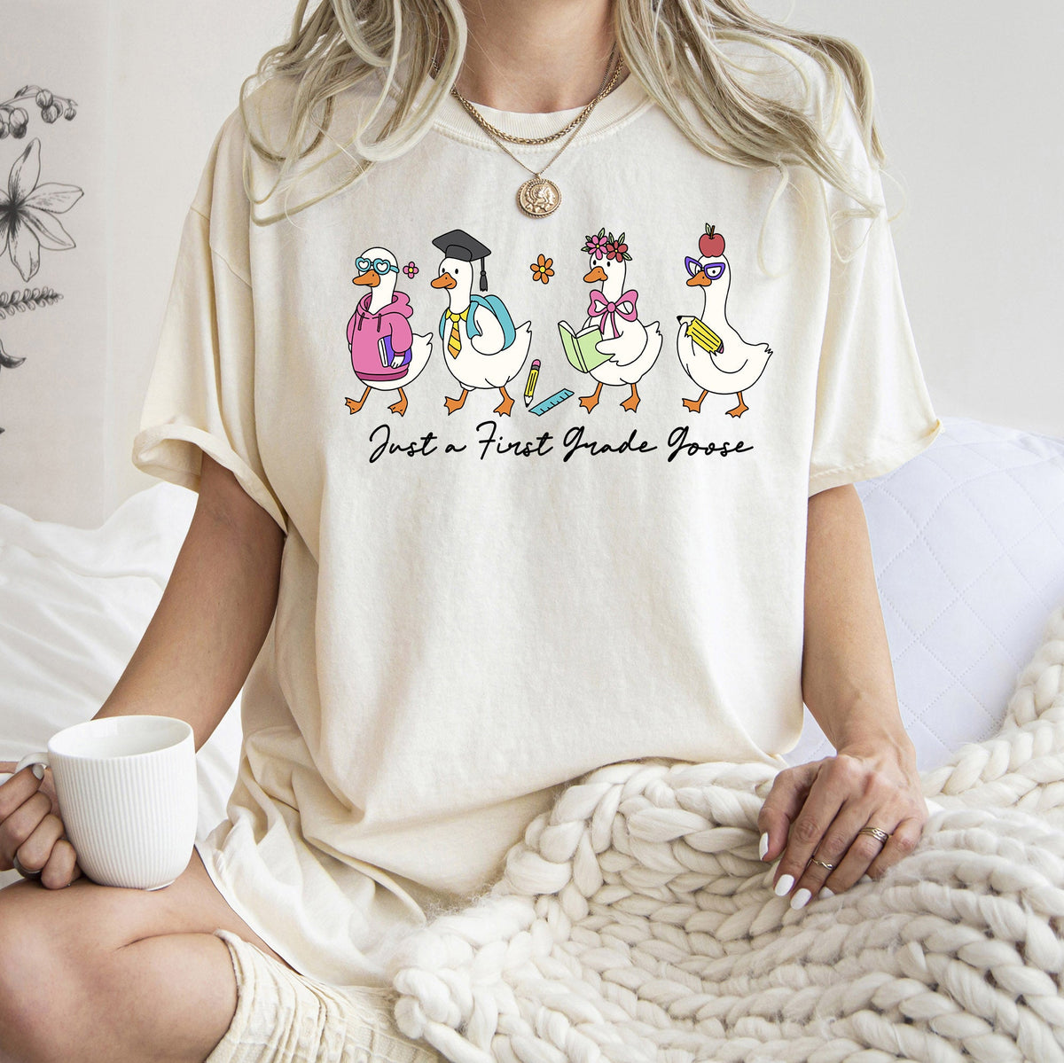 Just A First Grade Goose Teacher Back To School Bow First Day Teacher Appreciation Comfort Colors Tee