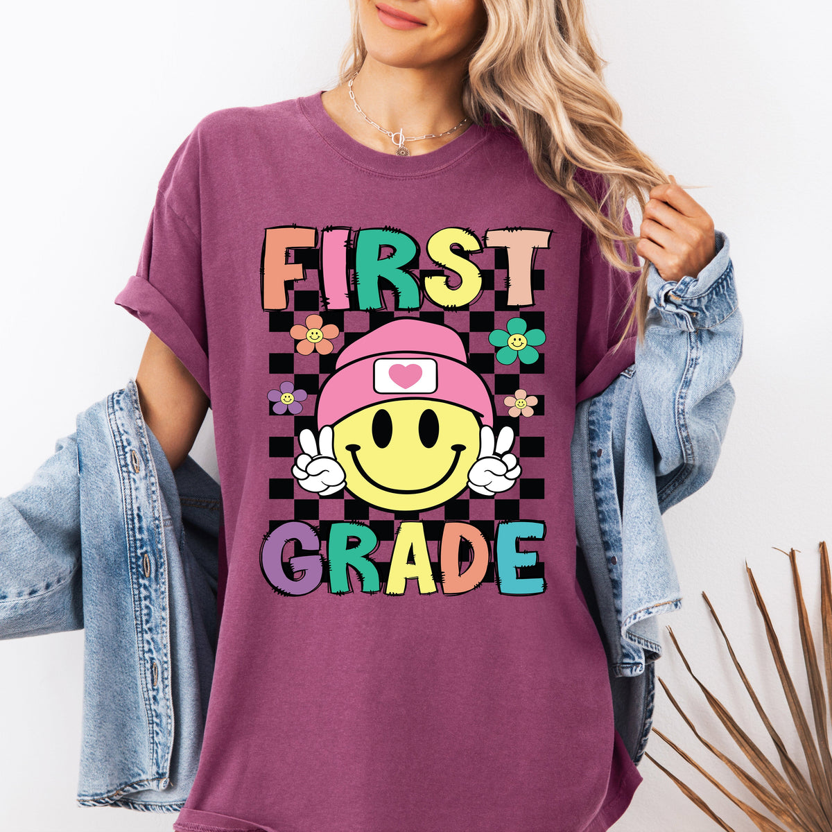 First Grade Smiley Face Teacher Back To School Spirit First Day Of School Comfort Colors Tee