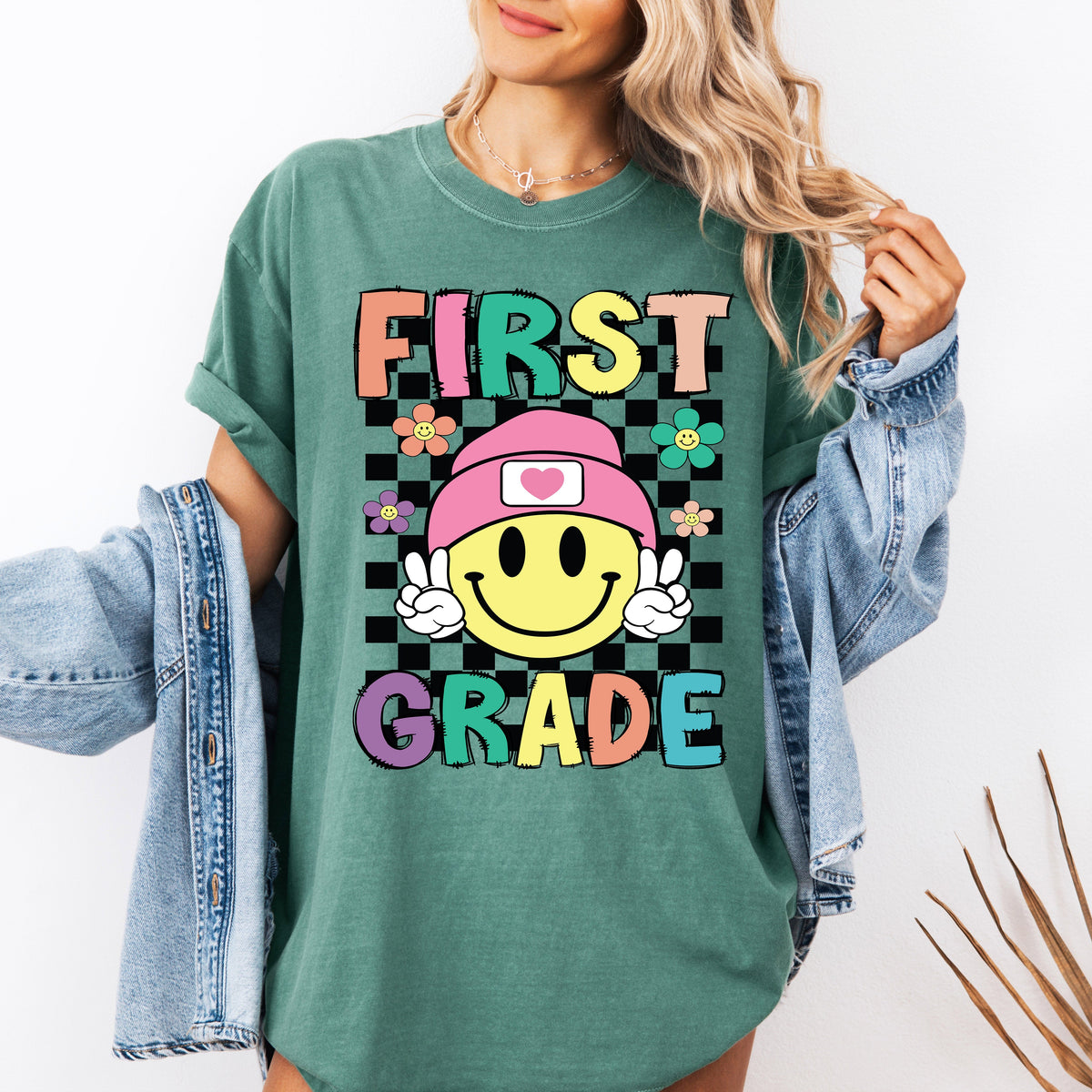 First Grade Smiley Face Teacher Back To School Spirit First Day Of School Comfort Colors Tee