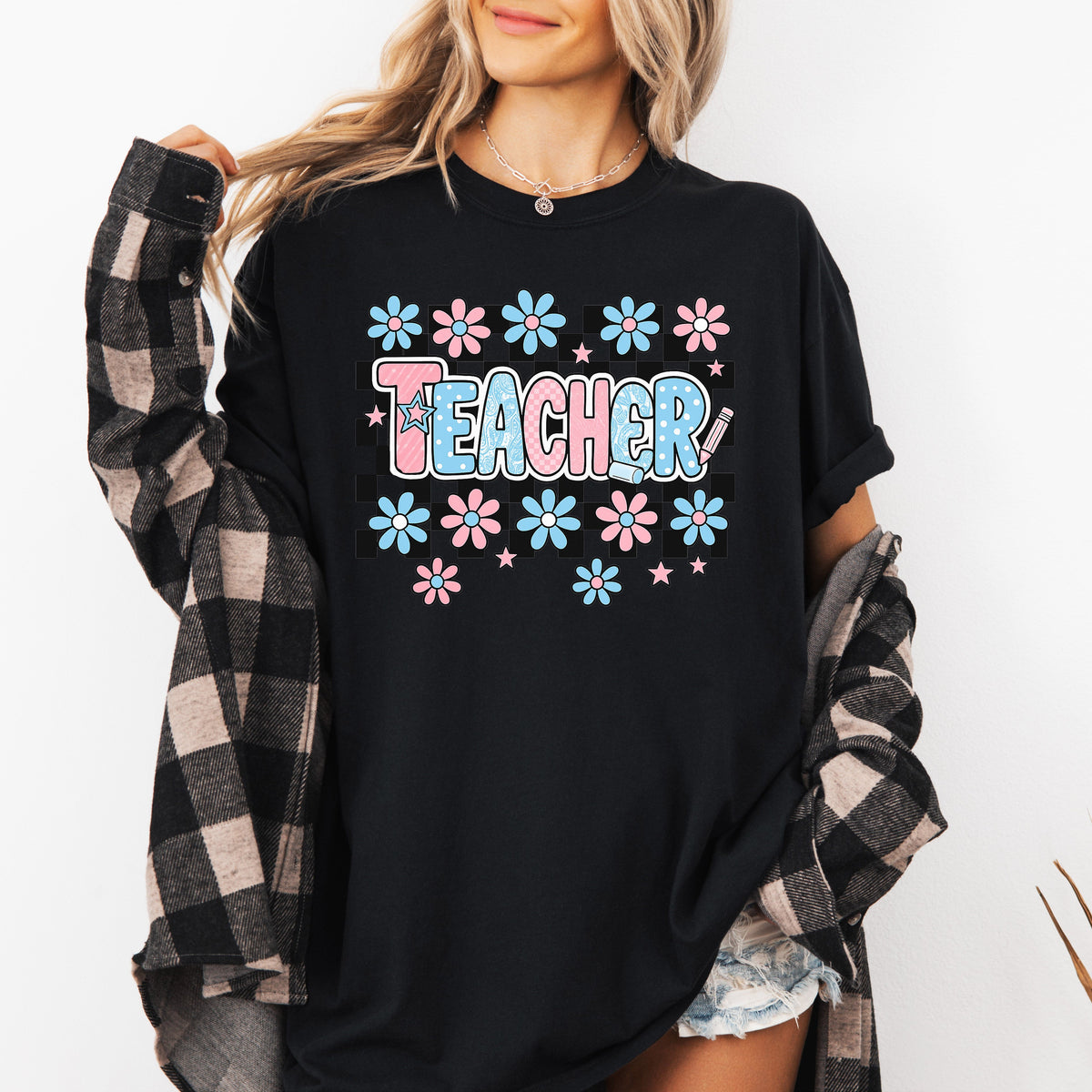 Teacher Checkered Retro Floral Back To School First Day Of School Cute Coquette Appreciation Comfort Colors Tee
