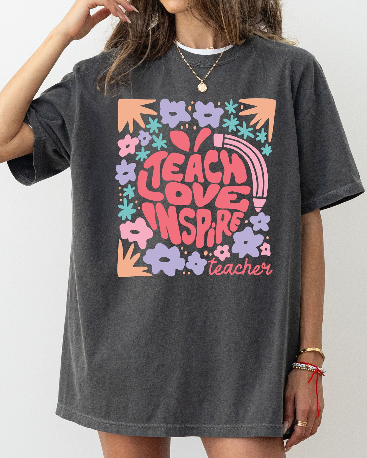 Teach Love Inspire Boho Floral Back To School First Day Of School Comfort Colors Tee