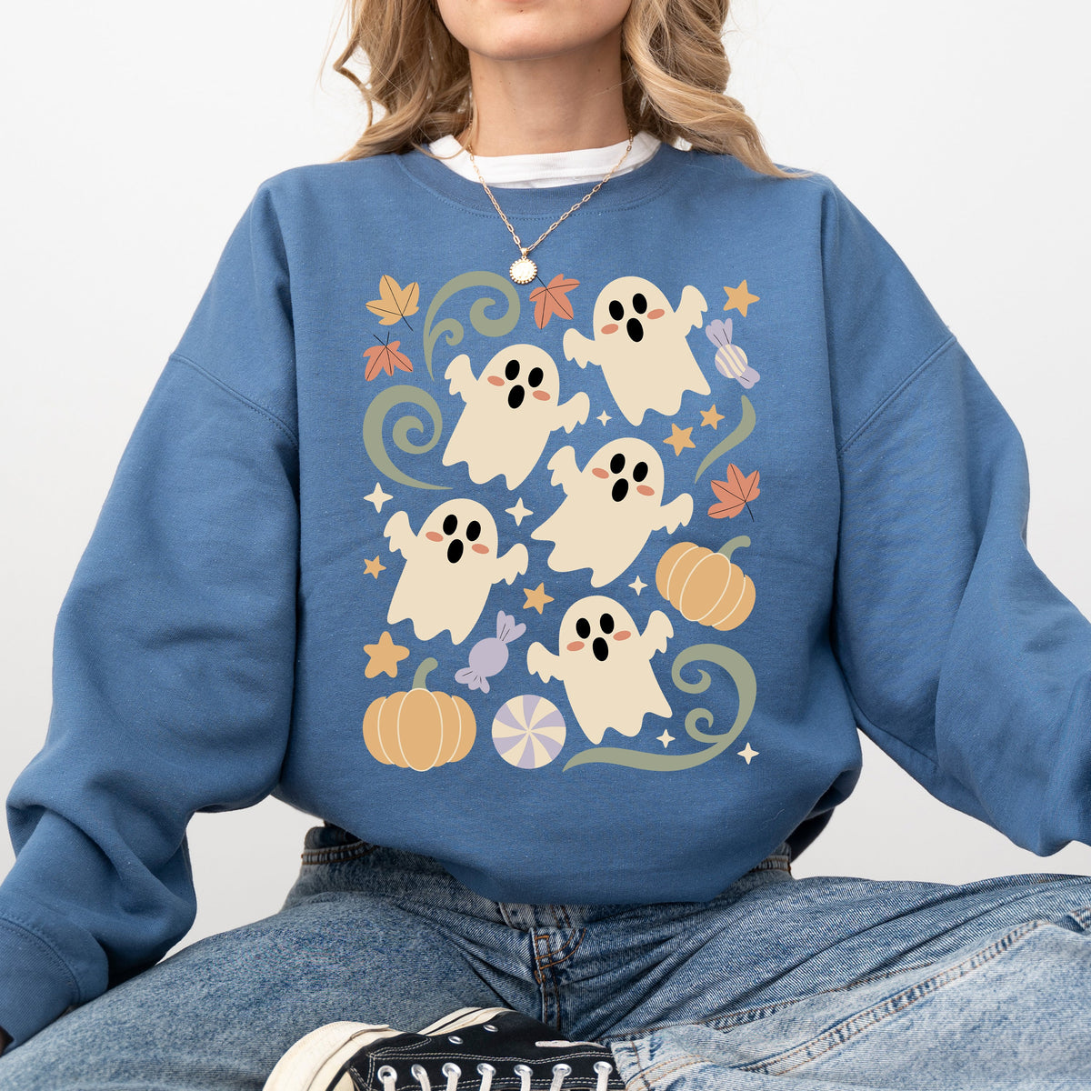 Vintage Ghosts Floral Halloween Retro Spooky Neon Patchwork Nightfall Graphic Sweatshirt
